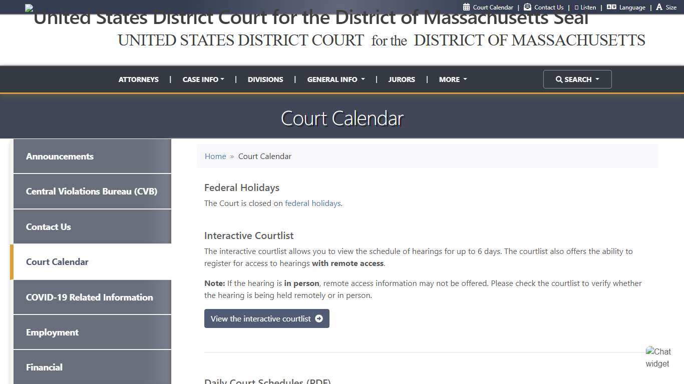 Court Calendar United States District Court for the District of Massachusetts